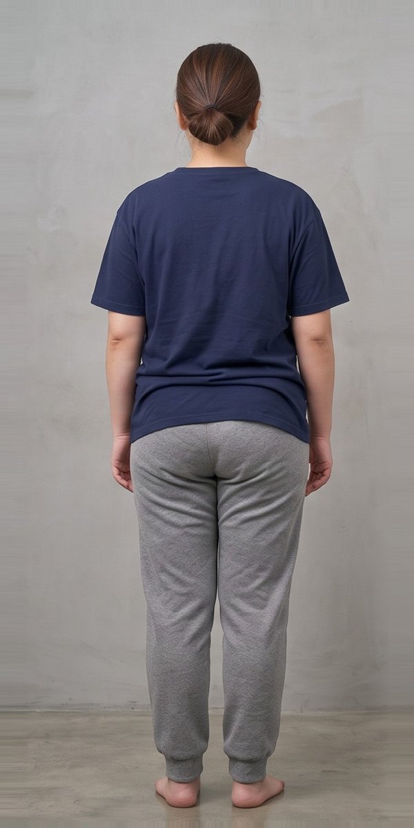Hannah at the start of her programme, photographed from behind against a plain studio wall