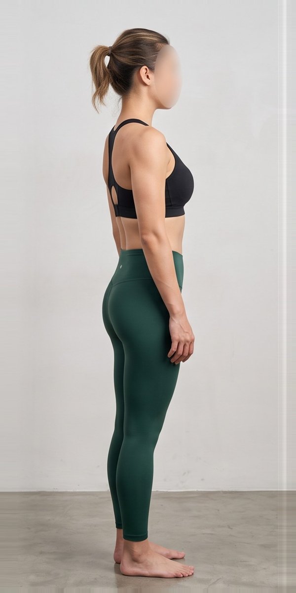 Priya after six months, visibly leaner and stronger in the same side-on pose