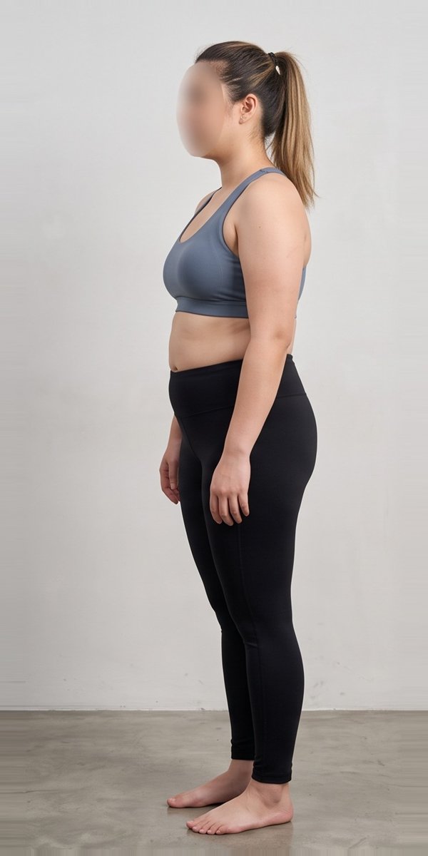 Priya in her first week of coaching, standing side-on against a plain studio wall