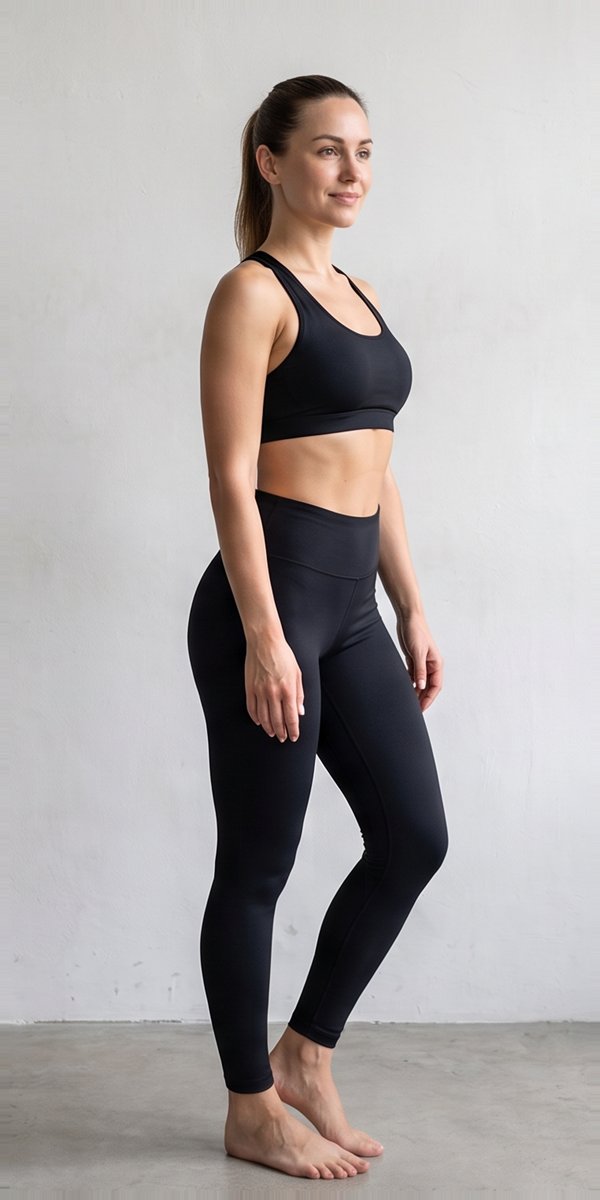 Sofia a year on, noticeably leaner and more toned in the same pose and studio
