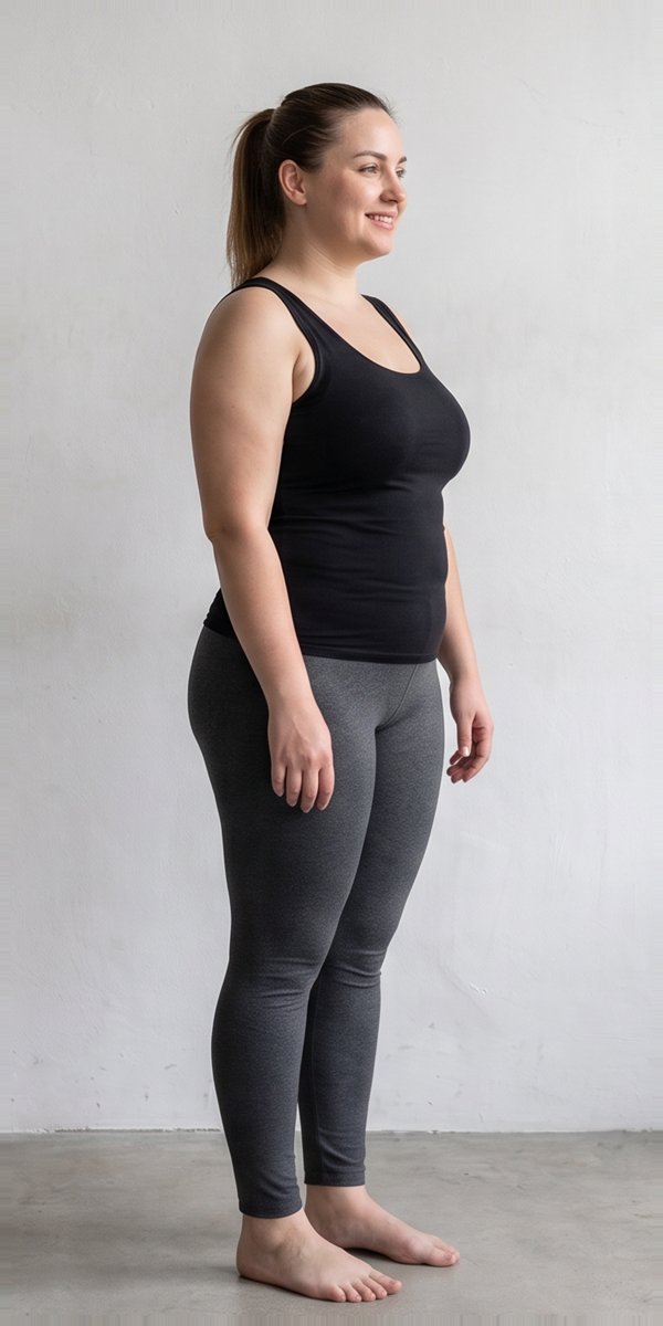 Sofia early in her programme, standing side-on against a plain studio wall